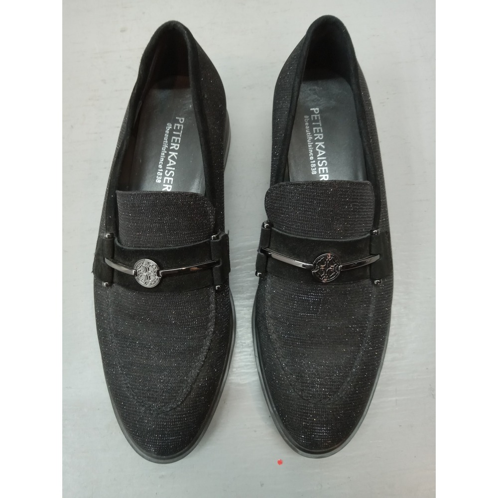 Peter Kaiser Suede Trim Black Shimmer Loafers Women's 5.5 Crest Detail Casual